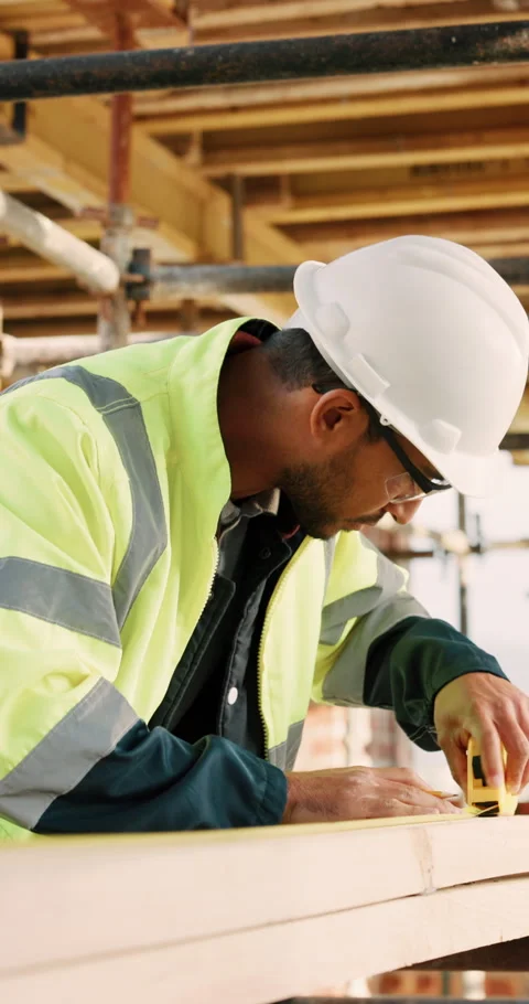 Construction, measure and man with wood at site for accuracy, renovation and Stock Footage 336230461