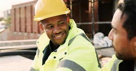 Construction, men and happy with talk on site for civil engineering, building Stock Photos