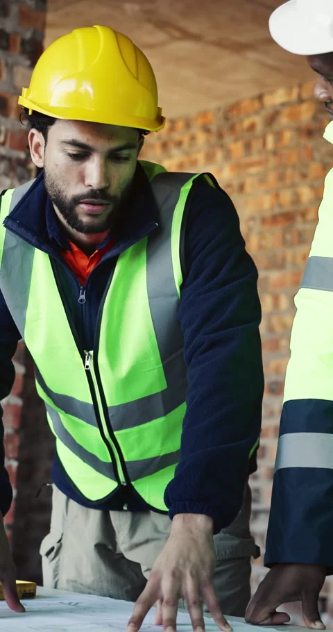 Construction, men and talk with blueprint on site for design vision, building Stock Footage 337038331