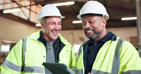 Construction, men and talk with tablet on site for task timeline, online design Stock Footage 337988146