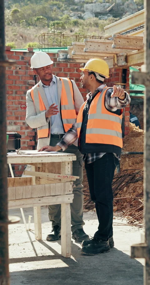 Construction, men or pointing with checklist on site for quality control, track Stock Footage 336229888