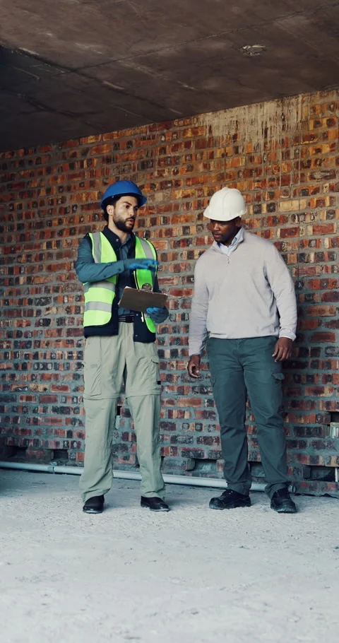 Construction, men or pointing with checklist on site for quality control, track Stock Footage 337021949