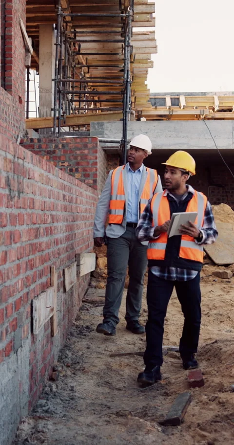 Construction, men or site inspection with tablet for masonry safety, wall Stock Footage 336248033