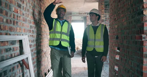 Construction, men or site inspection with tablet for masonry safety, wall Stock Footage 337158651