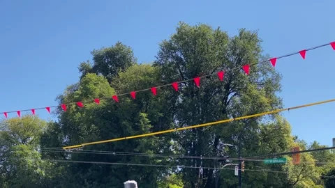 Construction Mini Orange Flags in Sky with tree Stock Footage 283252757