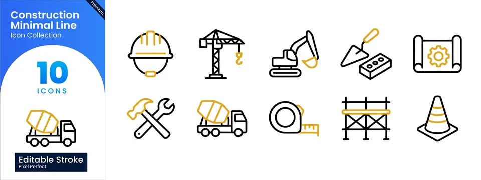 Construction Minimal Line Icon Set for Architecture and Building Stock Illustration