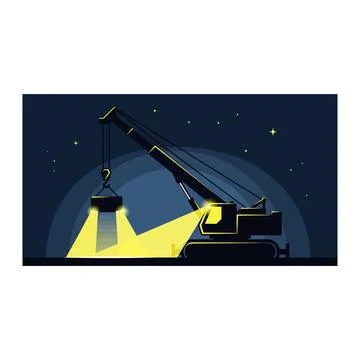 Construction mobile crane operating at night with spotlights Stock Illustration