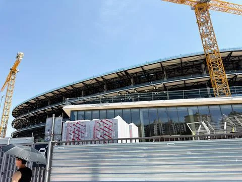 Construction of modern Camp Nou stadium facade with cranes in Barcelona Spa.. Stock Photos