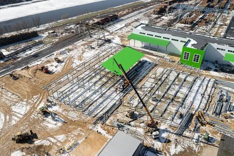 Construction of a modern wood processing factory top view. Stock Photos