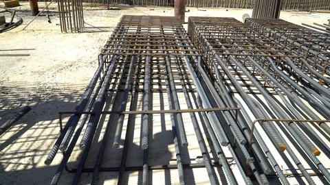 Construction of monolithic reinforced concrete building. Cages of reinforcing ba Stockbeeldmateriaal 78648574