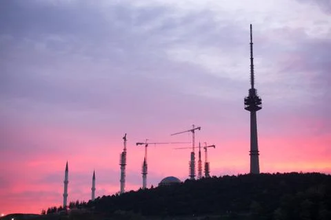 Construction of mosque minarets of Camlica Mosque in the sunset Stock Photos