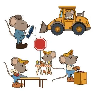 Construction mouse workers funny cartoon Illustration