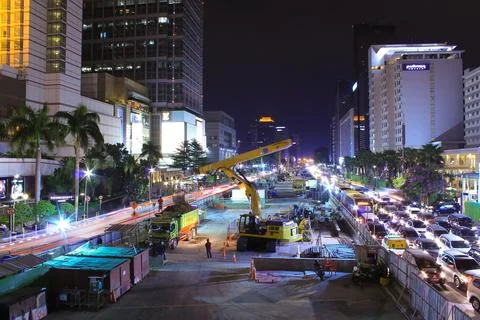 Construction of the MRT at the HI Roundabout Jalan MH. Thamrin Jakarta at nig Stock Photos