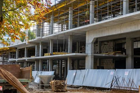 Construction of a multi-storey building from metal structures Stock Photos