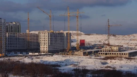 Construction of Multi-Storey Buildings on a Dormitory Area in Moscow. Pan rig Stockbeeldmateriaal 84694725