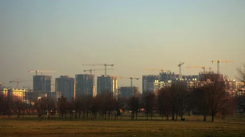 Construction of multi-storey buildings. A large number of construction cranes. T Stock-Footage 44055035