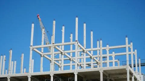 Construction of a multi-storey concrete monolithic building. Many support and Stock Photos