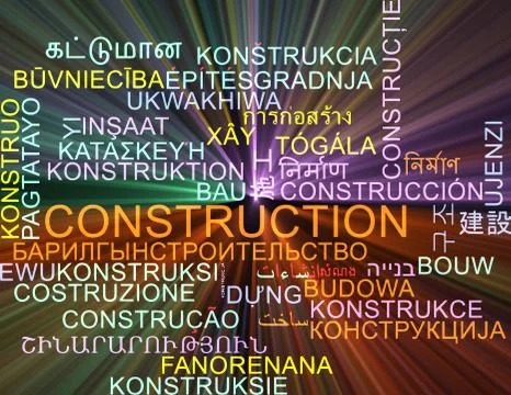 Construction multilanguage wordcloud background concept glowing Stock Illustration