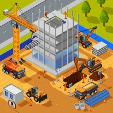 Construction Of Multistory Building Isometric Concept Ilustração Stock