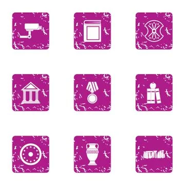 Construction of museum icons set, grunge style Ilustração Stock