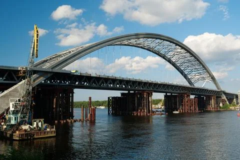 Construction of a new big bridge over a Dnieper river in Kyiv, Ukraine Photos