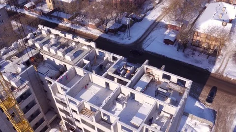 Construction of a new brick house with a crane, aerial Stock Footage 72666443