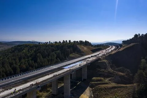 Construction of a new bridge. Drone view Stock Photos