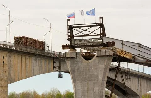 Construction of a new bridge next to the old one. Stock Photos