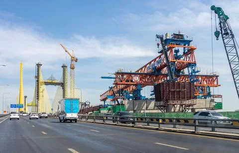 Construction of a new bridge parallel to the bridge of Rama IX Stockfoto's