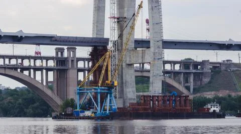 Construction of new bridges across the Dnieper River in Zaporozhye. Ukraine. Stock Photos