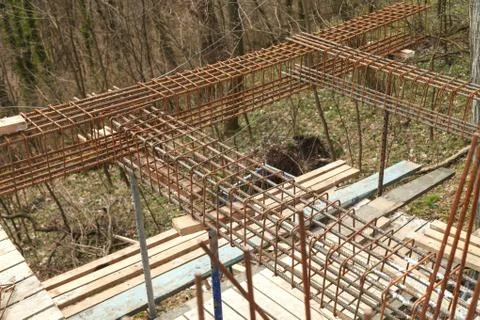 Construction of a new building, binding of reinforcement 스톡 사진