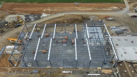 Construction of a New Building Framework at a Site in an Open Area During D.. Stock Photos