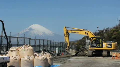Construction of a new building in Hakone with Mount Fuji in the background Stock Footage 25821583