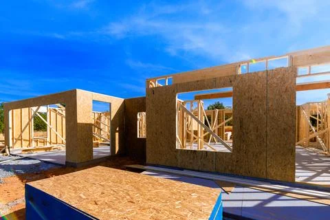 Construction of new building with wooden frames outdoor setting during work d Stock Photos