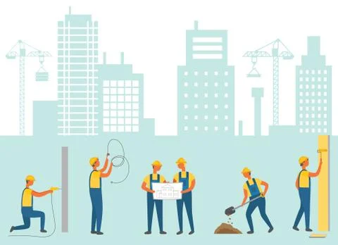Construction of New City Infrastructure, Workers Illustrazione stock