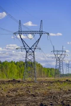 Construction of new high voltage lines in forest. Estonia. new mast of a high Stock Photos