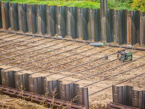 Construction of a new road, base reinforcement, road formation 库存照片