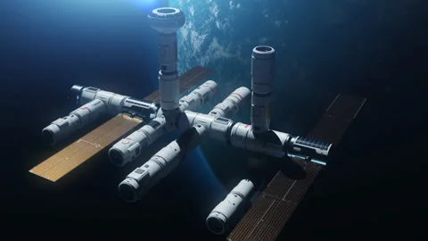 Construction of a new space station in orbit of the earth . time-lapse on the Stock-Footage 219808441