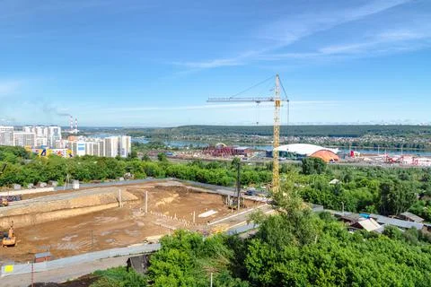 Construction of new structure at stage of excavation and driving piles, tower Stock Photos
