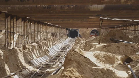 Construction of new subway line in densely populated area of city Stock Footage 296713003