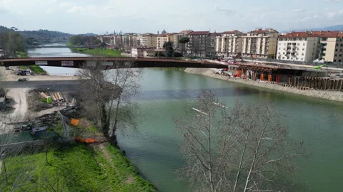 Construction of the new tram bridge over the Arno River. Stock Footage 330676549