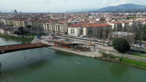 Construction of the new tram bridge over the Arno River. Stock Footage 330676581