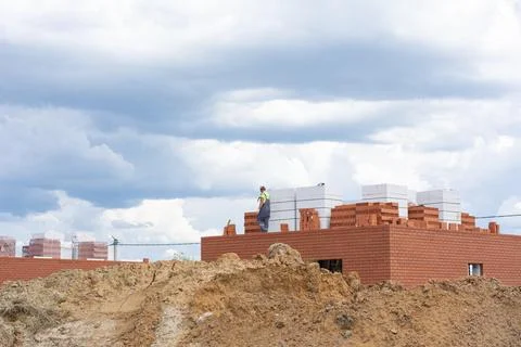 Construction of new two-storey brick houses. Stock Photos