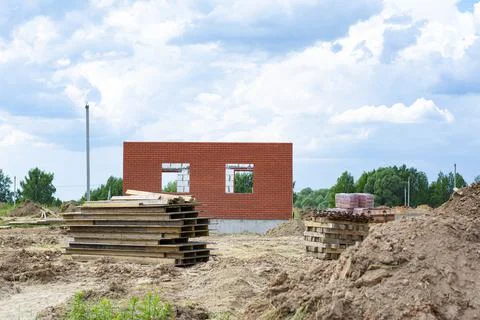 Construction of new two-storey brick houses. Urban-type settlement. Stock Photos