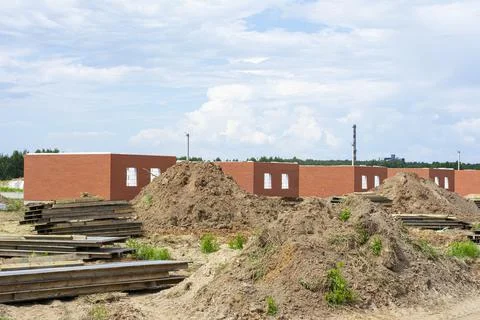 Construction of new two-storey brick houses. Urban-type settlement. Stock Photos