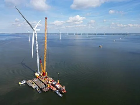 Construction of an offshore windpark Stock Photos
