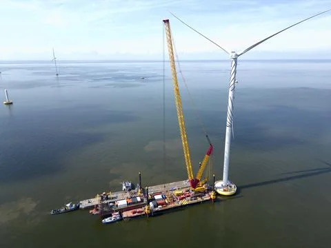 Construction of an offshore windpark Stock Photos