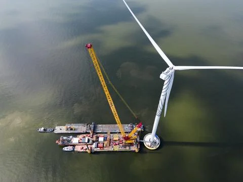 Construction of an offshore windpark Stock Photos
