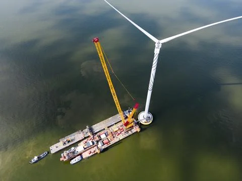 Construction of an offshore windpark Stock Photos