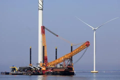 Construction of an offshore windpark Stock Photos